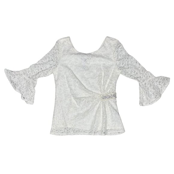 Scarlett Ivory Gold Lace Bell Sleeve Ruched Embellished Bead Accent Blouse Top M - Picture 5 of 9